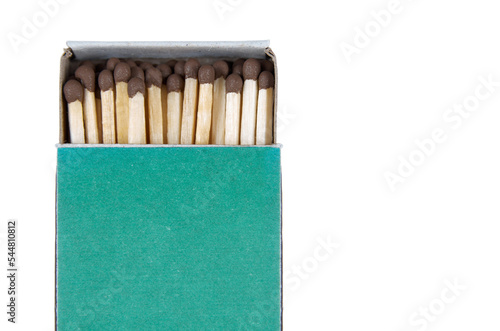 Close-up of a green matchbox isolated on white background with clipping path