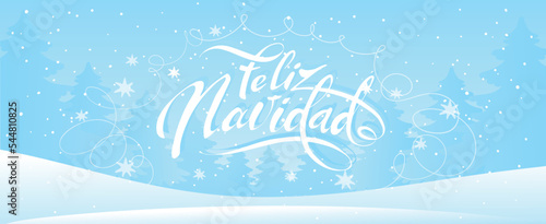 Merry christmas lettering in spanish. Winter blue christmas landscape with fir trees, new year snowfall in the forest, flat cartoon banner, feliz navidad vector card.