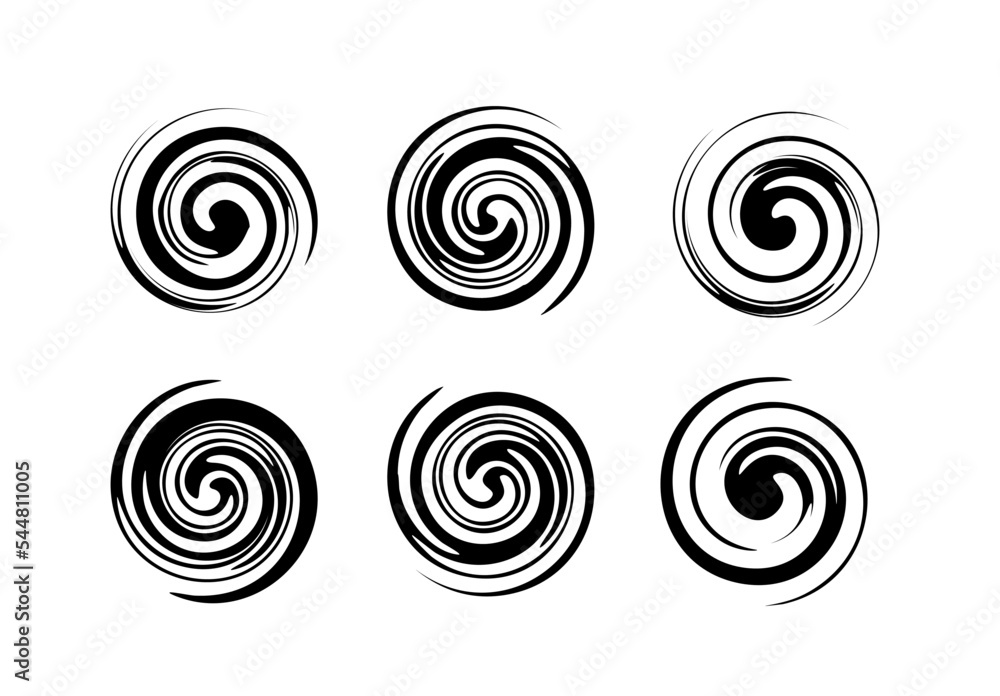 black and white spiral, Circle black twirl different forms, twisted swirl silhouette on white background