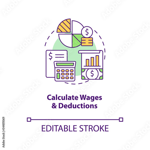 Calculate wages and deductions concept icon. Payroll processing step abstract idea thin line illustration. Isolated outline drawing. Editable stroke. Arial, Myriad Pro-Bold fonts used
