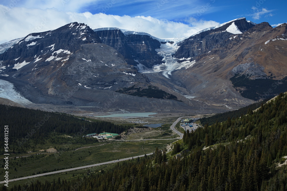 View of Icefields Parkway and Columbia Icefields Centre from hiking track to Wilcox Pass in Jasper National Park,Alberta,Canada,North America
