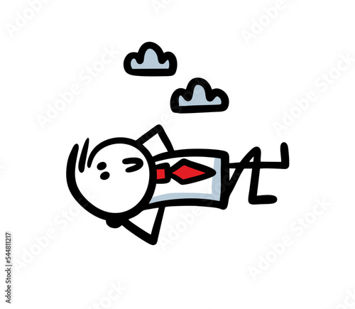 Dreamy doodle office man lies with his hands behind his head and looks dreamily into the sky.