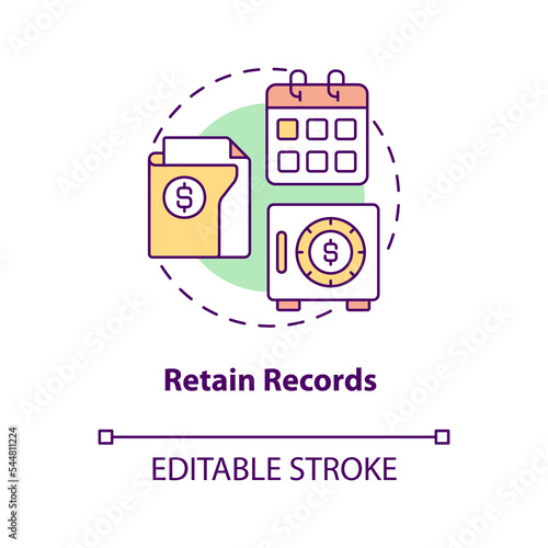 Retain records concept icon. Financial documents storage. Payroll processing step abstract idea thin line illustration. Isolated outline drawing. Editable stroke. Arial, Myriad Pro-Bold fonts used