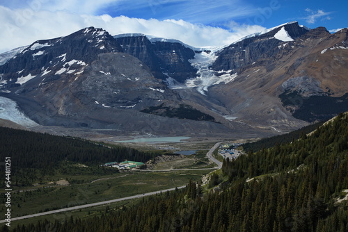 View of Icefields Parkway and Columbia Icefields Centre from hiking track to Wilcox Pass in Jasper National Park,Alberta,Canada,North America 