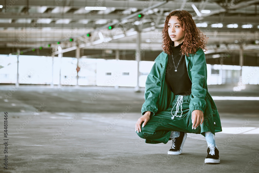 Youth, fashion and black woman with streetwear in an urban city parking lot  for design, brand