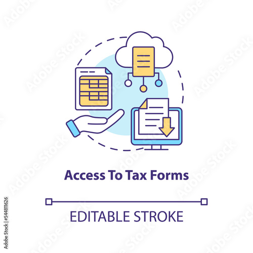 Access to tax forms concept icon. Payroll management software benefit abstract idea thin line illustration. Isolated outline drawing. Editable stroke. Arial, Myriad Pro-Bold fonts used