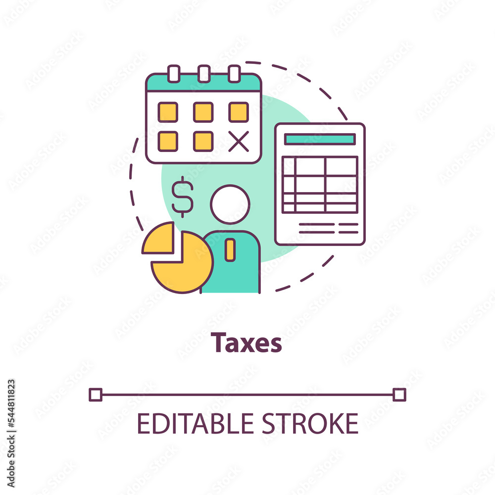Taxes concept icon. Regular payments control. Employee payroll deductions type abstract idea thin line illustration. Isolated outline drawing. Editable stroke. Arial, Myriad Pro-Bold fonts used