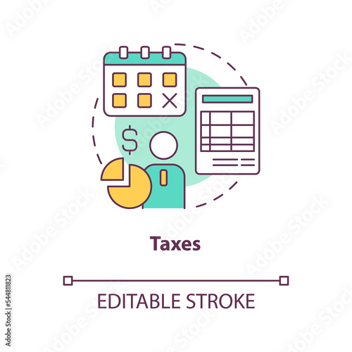 Taxes concept icon. Regular payments control. Employee payroll deductions type abstract idea thin line illustration. Isolated outline drawing. Editable stroke. Arial, Myriad Pro-Bold fonts used