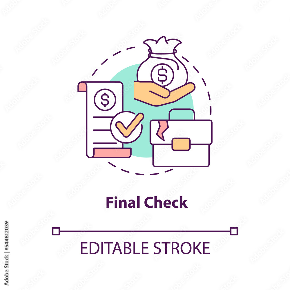 Final check concept icon. Termination. Employee grievances on wage issue abstract idea thin line illustration. Isolated outline drawing. Editable stroke. Arial, Myriad Pro-Bold fonts used Final check concept icon. Termination. Employee grievances on wage issue abstract idea thin line illustration. Isolated outline drawing. Editable stroke. Arial, Myriad Pro-Bold fonts used