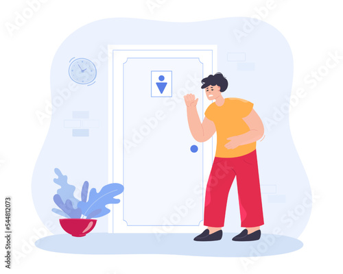 Impatient man standing in front of toilet door and holding belly. Person with stomachache, diarrhea or bladder problem waiting in public restroom flat vector illustration. WC, urgency concept
