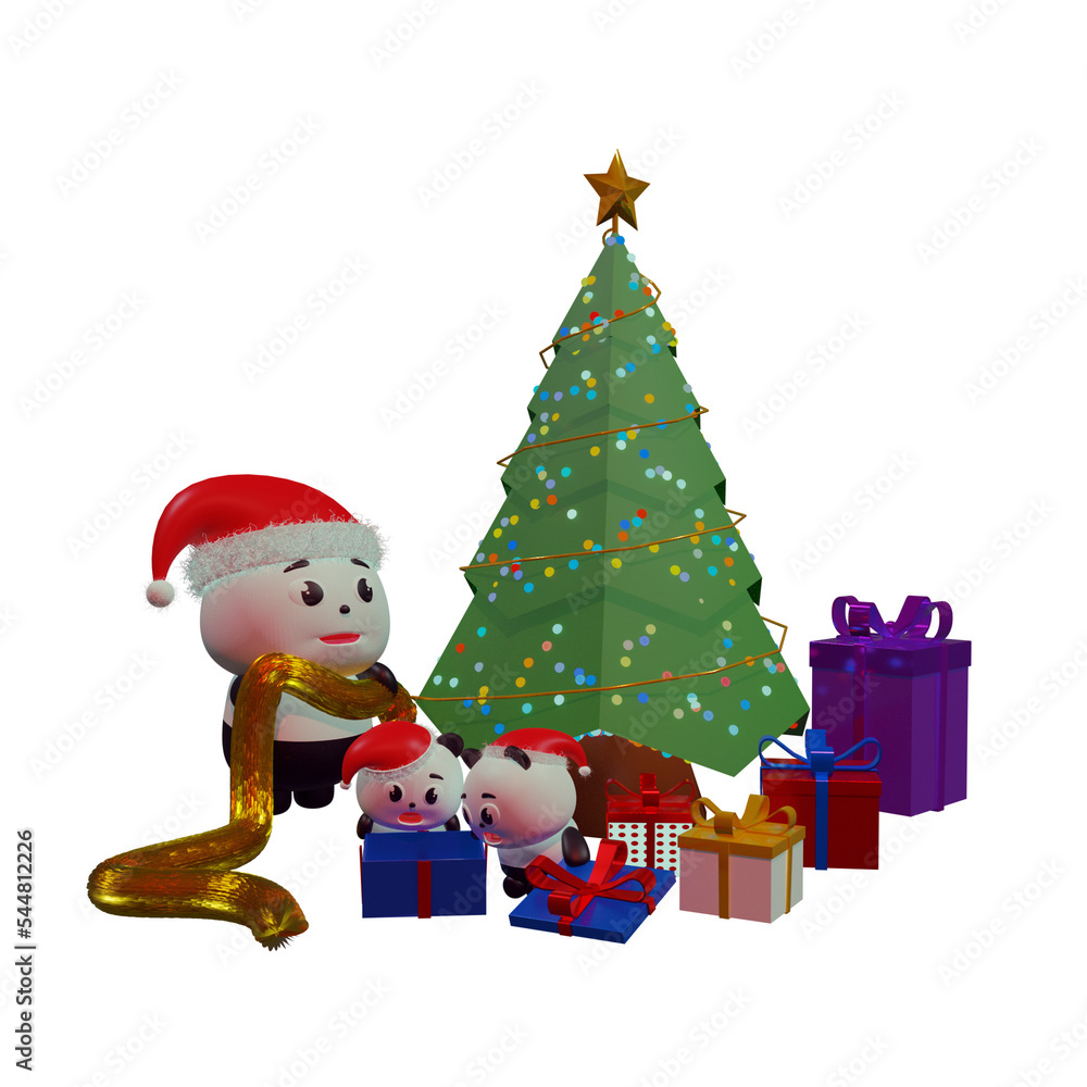 3d panda santa mascot with christmas tree and gifts png 3d panda santa mascot with christmas tree and gifts png