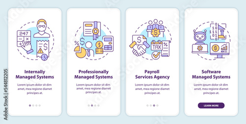 Types of payroll systems onboarding mobile app screen. Salary walkthrough 4 steps editable graphic instructions with linear concepts. UI, UX, GUI template. Myriad Pro-Bold, Regular fonts used