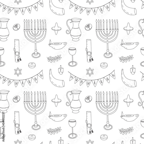 Vector Hanukkah design elements seamless pattern. Doodle traditional festival of lights pattern on white background