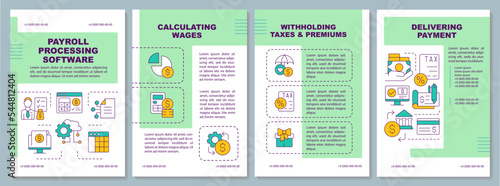 Payroll processing software green brochure template. Accounting. Leaflet design with linear icons. Editable 4 vector layouts for presentation, annual reports. Arial, Myriad Pro fonts used