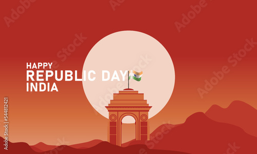 vector for Republic Day celebration, with illustration of mountain scenery and twilight sky clearly visible full moon, wavy Indian flag