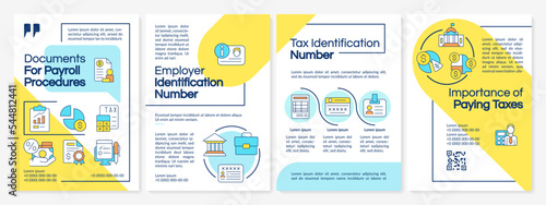 Documents for payroll procedures blue and yellow brochure template. Leaflet design with linear icons. Editable 4 vector layouts for presentation, annual reports. Questrial, Lato-Regular fonts used