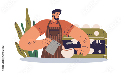 Barista making coffee, pouring milk into cup. Professional in apron preparing cappuccino, latte in cafe. Work in cafeteria, coffeehouse. Flat graphic vector illustration isolated on white background