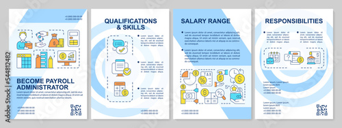 Payroll administrator job blue brochure template. Leaflet design with linear icons. Editable 4 vector layouts for presentation, annual reports. Arial, Myriad Pro-Regular fonts used
