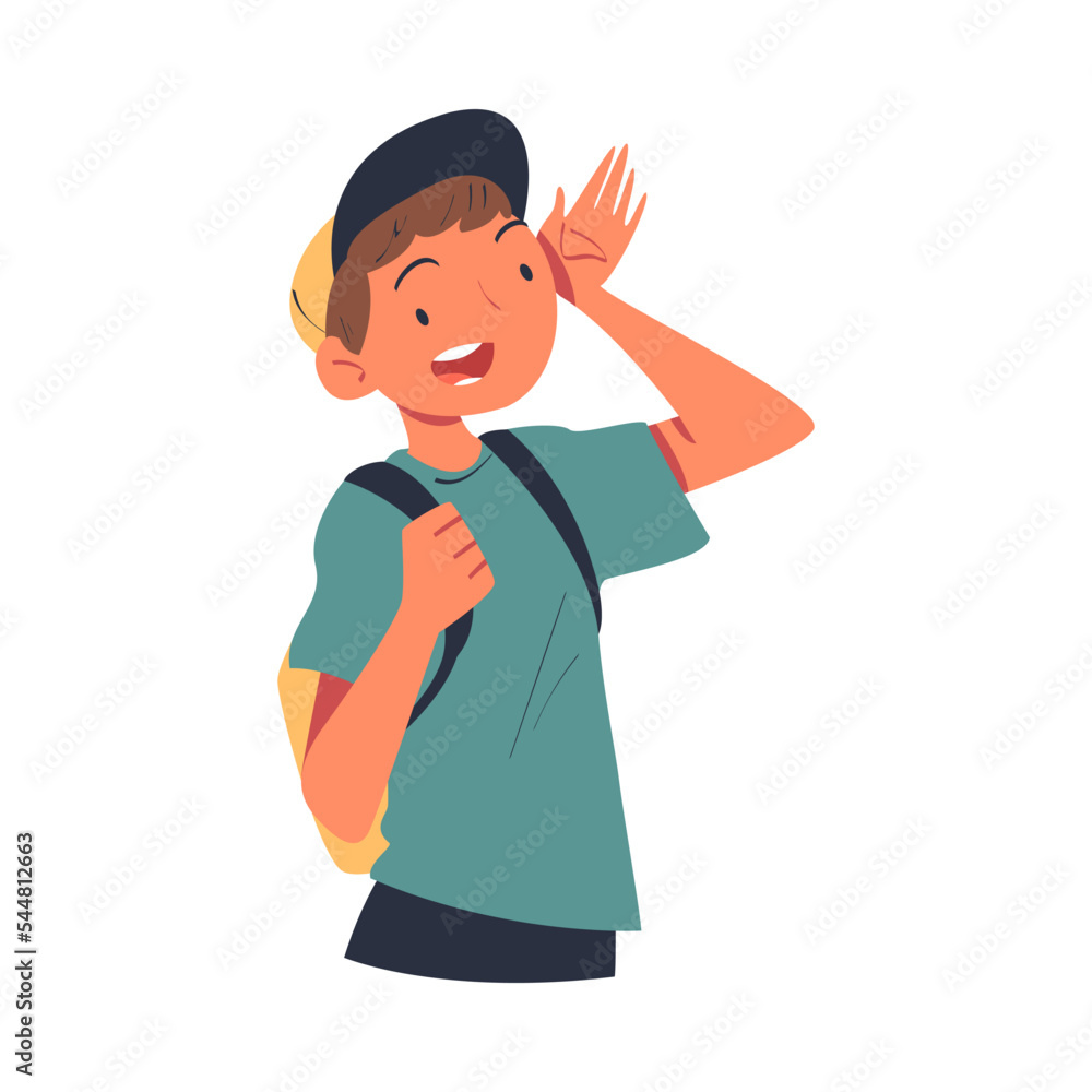 Happy Man Character with Backpack Looking Into the Distance with Curious Face Vector Illustration