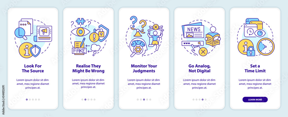 How to read bad news onboarding mobile app screen. Media overload walkthrough 5 steps editable graphic instructions with linear concepts. UI, UX, GUI template. Myriad Pro-Bold, Regular fonts used