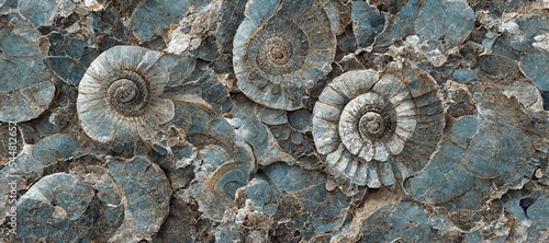 Elaborate and unique calcified aquamarine blue ammonite sea shell spirals embedded into rock. Prehistoric fossilized detailed rough grunge texture and surface patterns. © SoulMyst