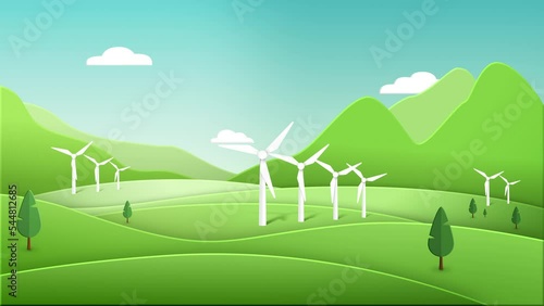 Save the planet. cycle animation of a clean green energy futuristic city using wind turbines. Global warming resources for a bright future. 3D rendering	