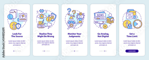 How to read bad news onboarding mobile app screen. Media overload walkthrough 5 steps editable graphic instructions with linear concepts. UI, UX, GUI template. Myriad Pro-Bold, Regular fonts used