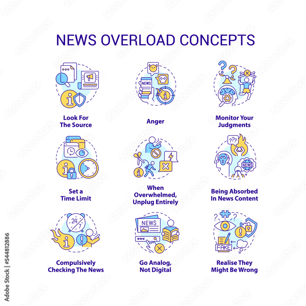 News overload concept icons set. Media consumption. Mental health. Too much information idea thin line color illustrations. Isolated symbols. Editable stroke. Roboto-Medium, Myriad Pro-Bold fonts used