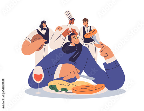 Food critic in haute cuisine restaurant. Important guest, foodie tasting dish and wine. Gourmet guide eating, estimating chef cooks meal. Flat vector illustration isolated on white background