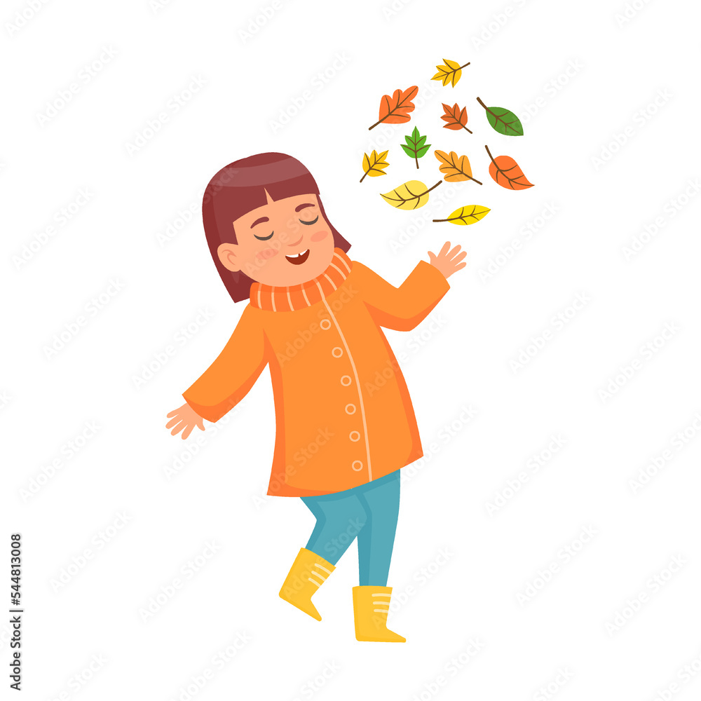 Cute cartoon children throws orange leaves in autumn flat vector illustration. Little kid in warm clothes isolated on white background Cute cartoon children throws orange leaves in autumn flat vector illustration. Little kid in warm clothes isolated on white background