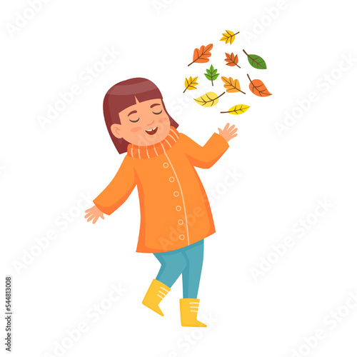 Cute cartoon children throws orange leaves in autumn flat vector illustration. Little kid in warm clothes isolated on white background