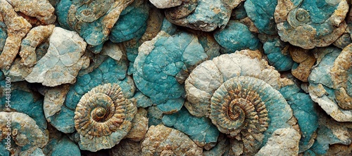 Elaborate and unique calcified aquamarine blue ammonite sea shell spirals embedded into rock. Prehistoric fossilized detailed rough grunge texture and surface patterns.