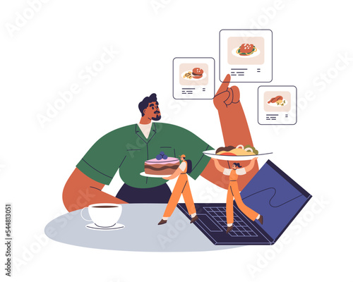 Order online food and delivery concept. Man choosing meals, buying dishes through internet at laptop computer at home. Courier delivering. Flat graphic vector illustration isolated on white background