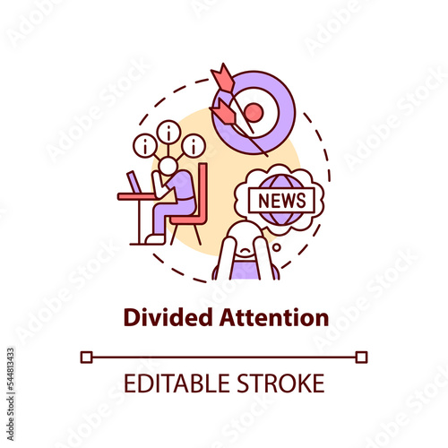Divided attention concept icon. Information overload. Binge reading news problem abstract idea thin line illustration. Isolated outline drawing. Editable stroke. Arial, Myriad Pro-Bold fonts used