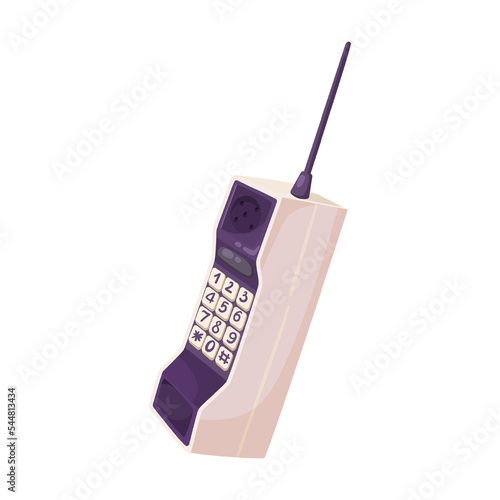 first antenna telephone, cartoon illustration. Mobile phone model with antenna or push button telephone, smart device with touchscreen