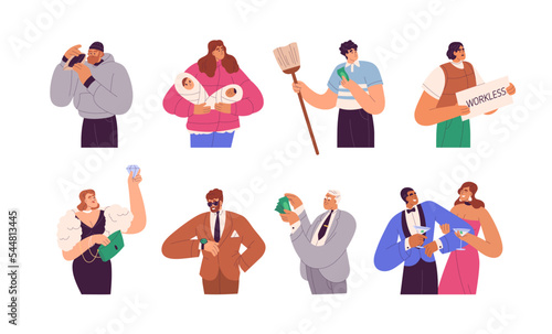 Rich and poor people set. Wealth and poverty concept. Sad unemployed, happy lucky businessman with money, needy person and wealthy woman. Flat vector illustrations isolated on white background
