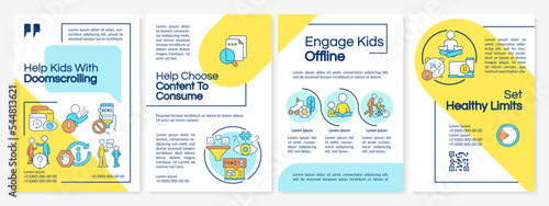 Help kids with doomsurfing blue and yellow brochure template. Leaflet design with linear icons. Editable 4 vector layouts for presentation, annual reports. Questrial, Lato-Regular fonts used