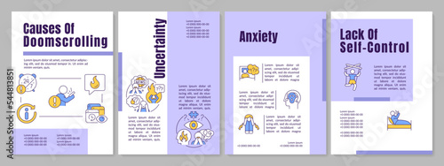 Reasons of doomsurfing purple brochure template. Information explosion. Leaflet design with linear icons. Editable 4 vector layouts for presentation, annual reports. Anton, Lato-Regular fonts used