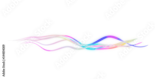 Neon glowing swirl wave, electric light effect. Curve lines, cyber technology, fiber optic, isolated design element on png transparent background. 