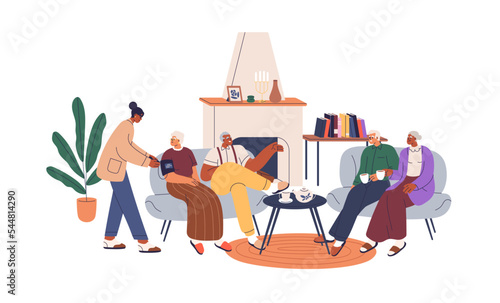 Happy old people relaxing in senior help center, nursing home. Aged elderly men, women resting at tea party in social retirement house. Flat graphic vector illustration isolated on white background