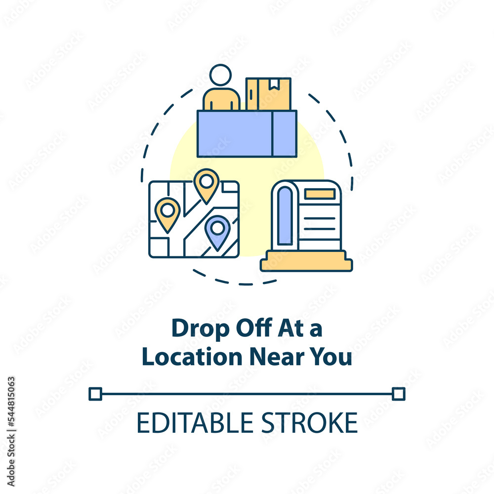 Drop off at location near you concept icon. Place to receive parcel. Postal office abstract idea thin line illustration. Isolated outline drawing. Editable stroke. Arial, Myriad Pro-Bold fonts used Drop off at location near you concept icon. Place to receive parcel. Postal office abstract idea thin line illustration. Isolated outline drawing. Editable stroke. Arial, Myriad Pro-Bold fonts used