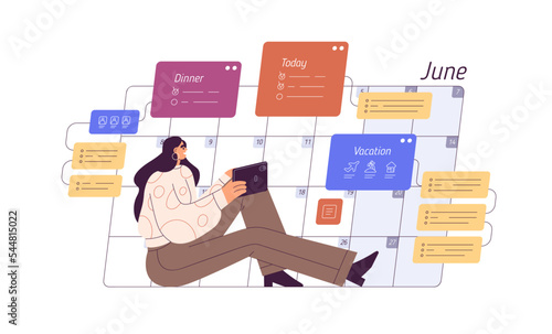 Schedule in calendar planner. Woman setting daily personal and business tasks, reminders. Tiny character and timetable, time organizer. Flat graphic vector illustration isolated on white background