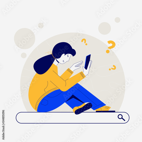 Girl with a smartphone sits on the search bar