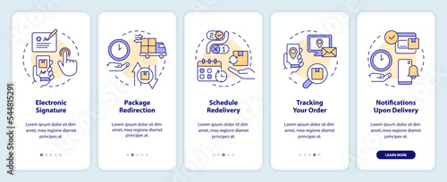 Postal services examples onboarding mobile app screen. Delivery walkthrough 5 steps editable graphic instructions with linear concepts. UI, UX, GUI template. Myriad Pro-Bold, Regular fonts used