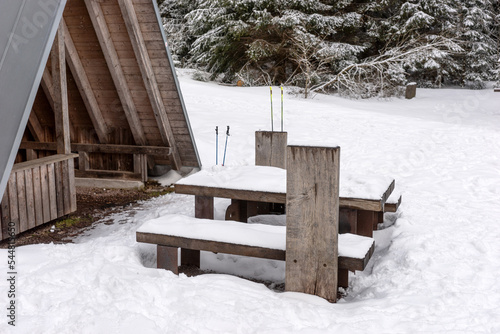Wallpaper Mural Rest area with wooden hut, bench and table in winter forest Torontodigital.ca