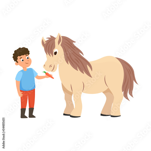boy feeds a carrot to a horse. Kid riding horse. Vector illustration of little rider training, feeding or grooming cute brown pony. Cartoon young equestrian