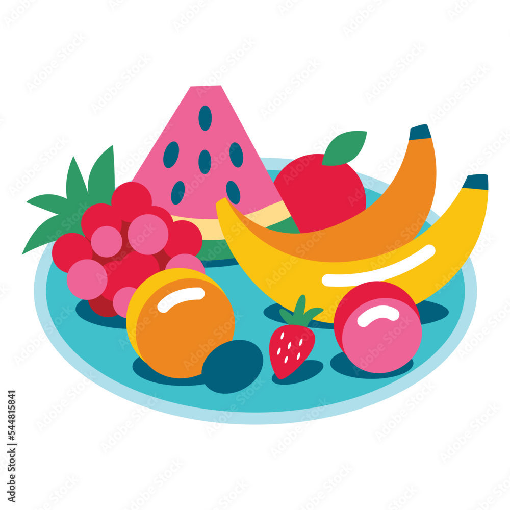 A set of healthy fruits on a tray. Bananas, grapes, peach, plum, watermelon, strawberry, orange, apple A set of healthy fruits on a tray. Bananas, grapes, peach, plum, watermelon, strawberry, orange, apple