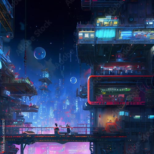 Cyberpunk city, abstract illustration, futuristic city, dystoptic artwork at night, high resolution wallpaper. Dystopic urban wallpaper. Cityscape background.