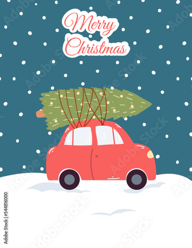 Merry Christmas greeting card in cartoon flat style. Hand drawn vector illustration with red car and Christmas tree on a snowy background