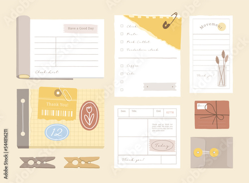 memo template. A collection of striped notes, blank notebooks, and torn notes used in a diary or office.